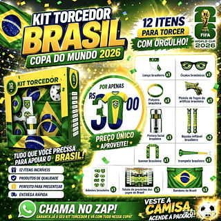 Kit Copa do Mundo 2026 Torcedor de Futebol Brasil 12 Itens Bandeira Comemoração Acessórios