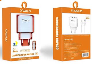 CARREGADOR RÁPIDO A’ GOLD COM 2 SAÍDAS USB 5.1A PARA TYPEC