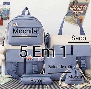 ￼Kit Mochila 5 Peças Conjunto Bolsas Feminina Estojo Escolar Com Chaveiro e Bottom，tem 5cor