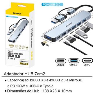 ￼Hub USB-C e USB-A 3.0, Adaptador 7 em 1, Portátil, Veloz e Multifuncional Para Computadores, Smartphones, Tablets e PC