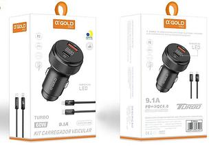 ￼Carregador Veicular 60W Turbo type-c e type-c para iphone Led Fonte Carro Automotivo Original