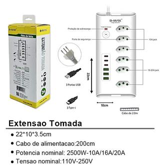 Filtro de linha Regua de Tomadass 6tomadas 3USB 3Tipo C—BMAX