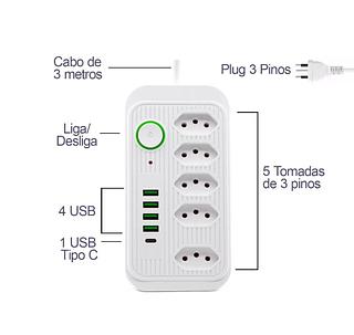 Extensão Filtro De Linha Segurança 5 Tomadas 4 Usb E Usb C Envio Imediato