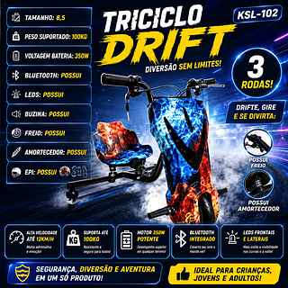 Triciclo elétrico infantil de 8,5 polegadas e 350W com luzes LED, Bluetooth, 3 velocidades e equipamentos de proteção (capacete, joelheiras e cotoveleiras)