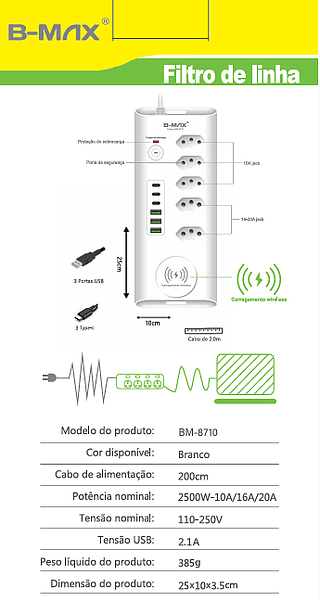 Filtro de linha Regua de Tomadass 5tomadas 3USB 3Tipo C E INDUÇÃO UNIVERSAL—BMAX