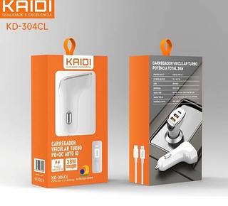 Carregador Veicular Carro Turbo 38w 3 Usb Tipo C Pd Kaidi