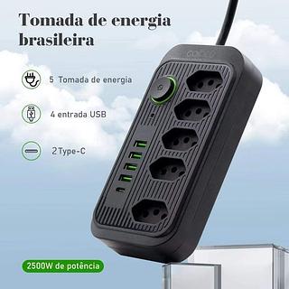 Extensão 5 Tomadas 4 USB 1 TypeC Universal Bivolt 2m Filtro De Linha Segurança