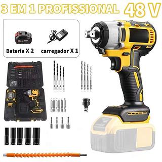 Chave de Impacto 48V Sem Fio Profissional com 2 Baterias de Lítio Parafusadeira Furadeira Bivolt Alta Potência