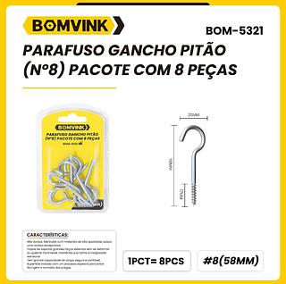PARAFUSO GANCHO PITÃO(N°8) PACOTE COM 8 PEÇAS