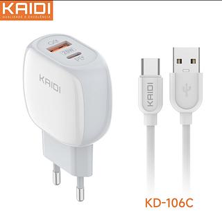 Carregador Duplo Rápido Turbo 20w Kaidi Usb + Usb-c Pd Qc para Type-c