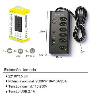 Filtro De Linha Bivolt 6 Tomadas Múltiplas Com 3 Usb E 3 tipo C Branco 127/220v