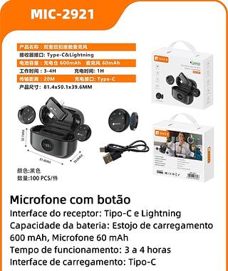 Microfone Sem Fio Lapela Magnetico 2 in 1 Type C e Lightning