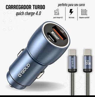 Carregador Veicular 60w Turbo Porta Dupla + Cabo Tipo C iphone Super Rapido