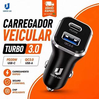 Carregador Veicular Turbo 3.0 PD20W QC3.0 | USB + USB-C | Carregamento Rápido para iPhone e Android