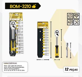Jogo De Soquete Sextavado Encaixe 10-22MM Com Chave Catraca Reversivel 1/2 Polegadas Extensão 12 Peças CRV
