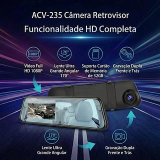￼Retrovisor Filmador Espelho Dash Cam ACV-235 Full HD 1080p 170 Graus Suporta 32GB Com Camera de Re