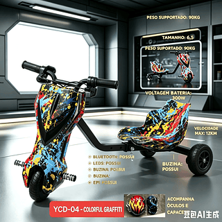Triciclo elétrico infantil de 6,5 polegadas e 300W com luzes LED, Bluetooth, 3 velocidades e equipamentos de proteção (capacete, joelheiras e cotoveleiras).