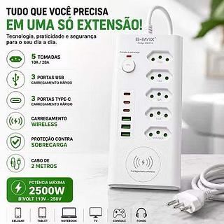 Filtro de linha Regua de Tomadass 5tomadas 3USB 3Tipo C E INDUÇÃO UNIVERSAL—BMAX