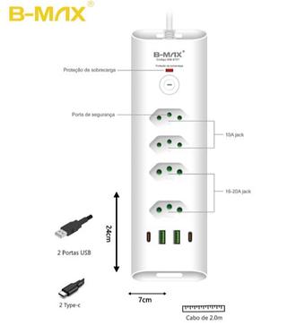 Filtro de linha Regua de Tomadass 4tomadas 2 USB 2Tipo C—BMAX