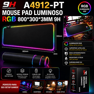 Mousepad Para Jogo Gamer Extra Grande 80 x 30 cm com LED RGB Speed Edition Preto Liso Sem Estampa