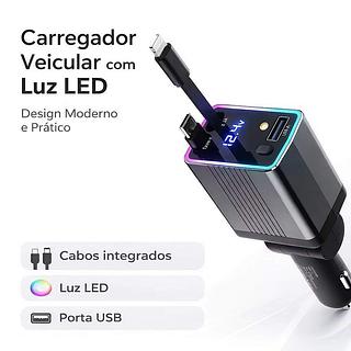 ￼120W Carregador Veicular Turbo com Cabo Retrátil USB-C e Lightning Display LED
