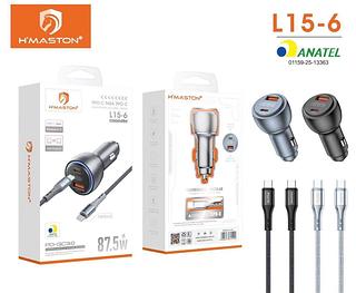 H'maston L15-6Carregador Veicular Turbo USB e Tipo C Led Fonte Carro Automotivo Original