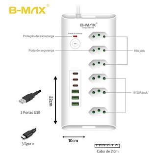 Filtro de linha Regua de Tomadass 6tomadas 3USB 3Tipo C—BMAX