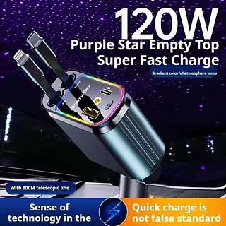 120W Carregador de carro retrátil com luz LED Carregamento Rápido no Teto do Veículo para iPhone e Celulares Samsung