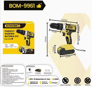 Parafusadeira Furadeira 21v 1Baterias Completo BOMDER