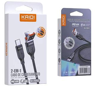 Cabo de Carregador Turbo 60W Duplo USB-c / USB 2 Em 1 Tipo C Para Tipo C / USB Original KAIDI kD2505